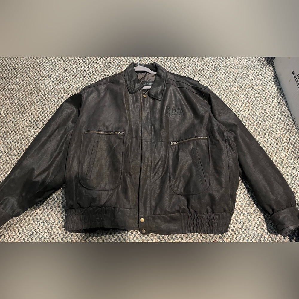 Burk's Bay NRA Life Member Genuine Leather Lined Bomber Jacket Mens XXXXL Black